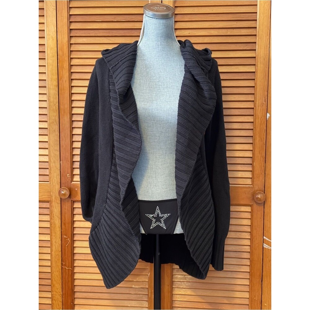 Anthropologie Shae Black Ribbed Open-Front Hooded Cotton Cashmere Cardigan